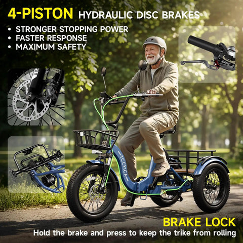 Beast Fat Tire Electric Trike For Adults With 750W Motor Peak 1350W, 52V 25Ah Removable Battery, 50 Mile Range, 7 Speed, 4 Piston Hydraulic Brakes, Cargo Rack, Blue on park path