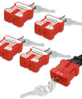 Power Plug Lockout Device For 2 Or 3 Prong Plugs, OSHA Compliant Lockout Lock, Keyed Alike 5 Pack displayed with keys and plugged device