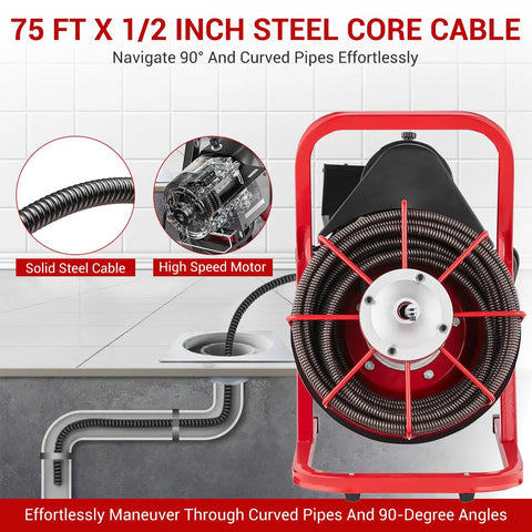 Professional 75 Ft X 1/2 Inch Drain Auger Featuring Responsive Foot Switch For Smooth Forward Reverse Spin And Hardcore Plumbing Snake overview with steel core cable.