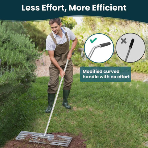 Man using Lawn Leveling Rake 30x10 Inch, Professional Grade Leveler Tool With Stainless Steel Handle for backyard lawn care
