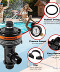 Manual air relief valve assembly for pool filter with pressure gauge and rubber O-ring, black plastic body