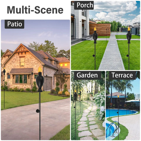 6 Pack Outdoor Metal Torches With 58 Inch Height Extra Large Citronella Torches in various settings: patio, porch, garden, and terrace.