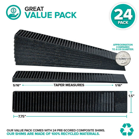 24 Pack Hard Composite Shims For Home Improvement And Leveling Never Rot Stackable Shims For Indoor And Outdoor Use, shown in three variations with dimensions and recycle symbol.