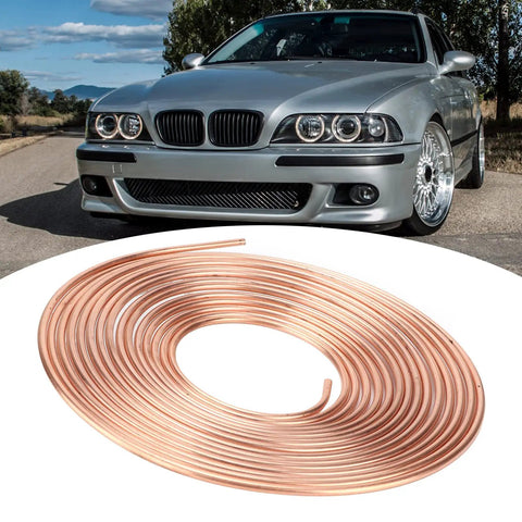 3/16 Inch Copper Plated Brake Line Tubing 25 Foot Flexible Coil Roll With 0.028 Inch Wall, shown against a car background