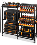 Power Tool Organizer Cart With Charging Power Strip, 28 Drill Storage Racks On Wheels, Heavy Duty Tool Station For Garage And Home