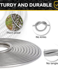 Close-up of thorn proof Built To Last Tough As Nails Stainless Steel Garden Hose 100 Feet with no kink and tangle design.