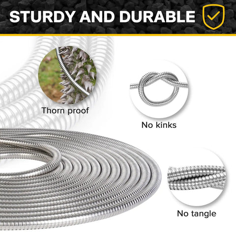 Close-up of thorn proof Built To Last Tough As Nails Stainless Steel Garden Hose 100 Feet with no kink and tangle design.