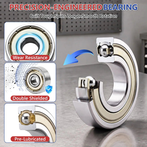 Precision-engineered bearing showcasing wear resistance, double shielded design, part of 74 Piece Ball Bearing Assortment Kit Featuring Six Essential Sizes For Smooth 3D Printer Assembly, Skate Gear Upgrades, And Home Repairs That Deliver Hella Smooth Knockout Performance.