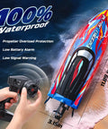Image of Fast RC Boat For Pool And Lake Hits 20 Plus MPH With 40 Plus Minute Run Time 7 LED Light Modes Self Righting Remote Control Racing Boat For Kids 2.4GHz Summer Water Toy Gift showcasing waterproof design, remote control, and dimensions on sandy beach background.