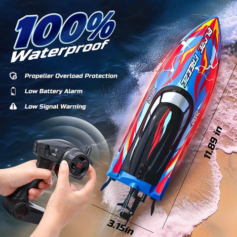 Image of Fast RC Boat For Pool And Lake Hits 20 Plus MPH With 40 Plus Minute Run Time 7 LED Light Modes Self Righting Remote Control Racing Boat For Kids 2.4GHz Summer Water Toy Gift showcasing waterproof design, remote control, and dimensions on sandy beach background.
