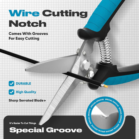 8 Inch Heavy Duty Scissors And Tin Snips Workhorse With Wire Cutter Notch For Sheet Metal Cable Insulation Carpet Leather All Purpose Utility Shears Ergonomic Electrician Tools With Safety Lock, wire-cutting notch close-up