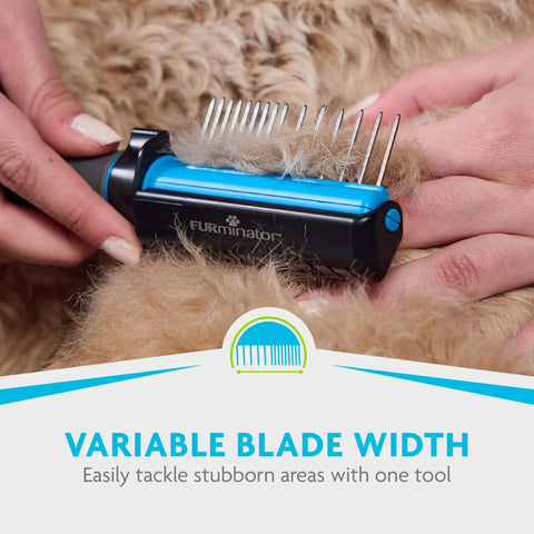 2-In-1 Dematting Grooming Tool For Dogs Prone To Matting With Built-In Finishing Comb Dual-Width Blades On Each Side And Curved Edges For Effortless Detangling Tangles And Smooth Fur, variable blade width