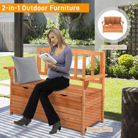 Outdoor Wood Storage Bench With Seating And Armrests Large Deck Box For Garden Patio Porch Backyard Poolside Waterproof Weatherproof Organizer Loveseat Natural Finish Dual Purpose Bench With Hidden Storage with woman seated
