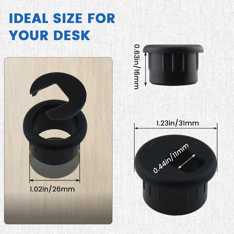 One Inch Desk Hole Wire Grommet Black Plastic Cable Cord Cover Organizer dimensions and removable lid shown