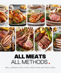 Various cooked meats on plates demonstrating versatility of Smart Wireless Meat Thermometer With 6 Sensor Array 0.5S Instant Read.