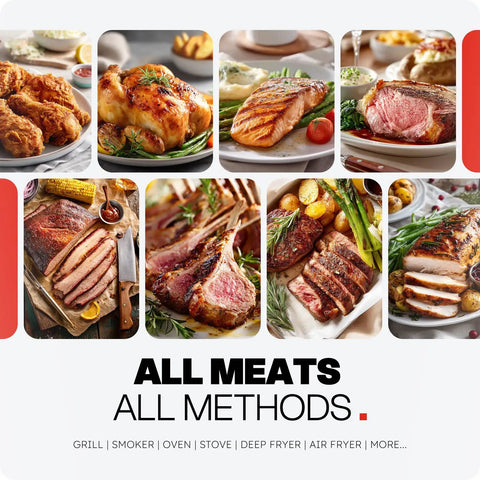 Various cooked meats on plates demonstrating versatility of Smart Wireless Meat Thermometer With 6 Sensor Array 0.5S Instant Read.