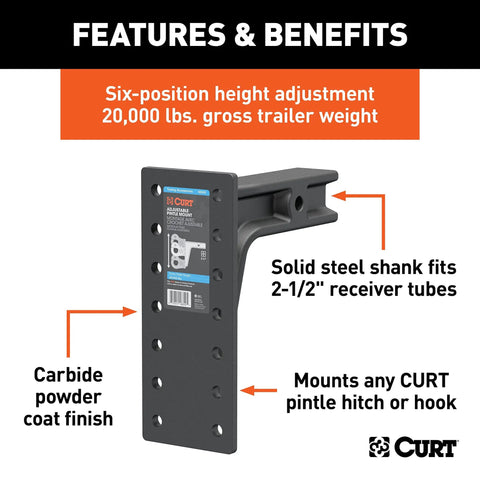 Two And A Half Inch Receiver Mount For Beefed Up Pintle Hook And Ball And Pintle Combos With Six Position Height Adjustment