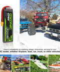 2 Pack LiPo Battery 2S 5200mAh 7.4V 80C Beefy Power With XT60 Plug Soft Case for RC Cars displayed with various RC vehicles.