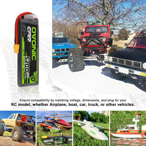 2 Pack LiPo Battery 2S 5200mAh 7.4V 80C Beefy Power With XT60 Plug Soft Case for RC Cars displayed with various RC vehicles.