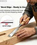 Man using 4 Piece Ultra Sharp Wood Chisel Set With CR V Steel Beveled Blades And Guards Comfortable Durable Handles For Carving DIY And Woodworking One Quarter Inch One Half Inch Three Quarter Inch And One Inch on wooden block.
