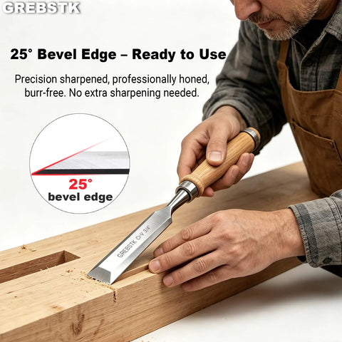 Man using 4 Piece Ultra Sharp Wood Chisel Set With CR V Steel Beveled Blades And Guards Comfortable Durable Handles For Carving DIY And Woodworking One Quarter Inch One Half Inch Three Quarter Inch And One Inch on wooden block.