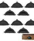Set of 10 matte black cup drawer pulls for cabinets and kitchen, mystic colonial style flat black cabinet handles, heavy duty cast iron, 3.7 x 2.1 inches