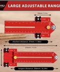 Must-Have Thin Rip Jig For Table Saw And Router Table, adjustable red jig with measurement scales, fits 3/4 by 3/8 inch T slot tracks