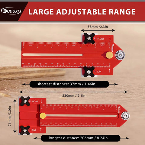 Must-Have Thin Rip Jig For Table Saw And Router Table, adjustable red jig with measurement scales, fits 3/4 by 3/8 inch T slot tracks