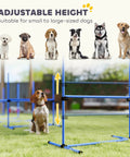 Image of 4 Piece Dog Agility Jump Set With Adjustable Heights Displacing Top Bar Easy Carry Bag Durable PVC Poles Great For Backyard Training On Grass Or Flat Ground with dogs.