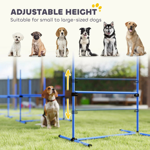 Image of 4 Piece Dog Agility Jump Set With Adjustable Heights Displacing Top Bar Easy Carry Bag Durable PVC Poles Great For Backyard Training On Grass Or Flat Ground with dogs.