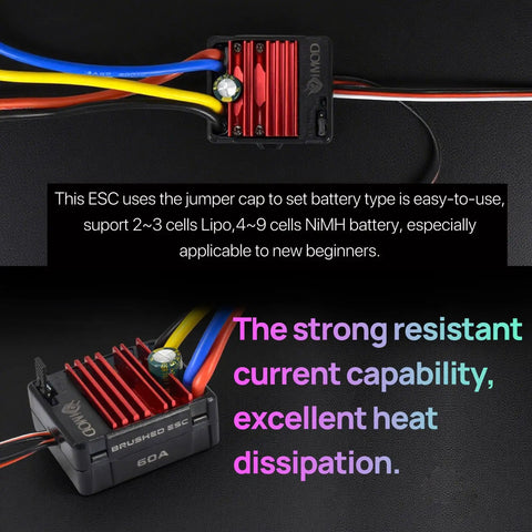 60A Waterproof Brushed ESC For 2-3S LiPo RC Cars Boats Trucks 1/10 Scale Crawler With Tamiya Plug WP1060 Power Witch Brushed Speed Controller Beef Up Your Rig Today, showing wiring and heat dissipation details