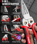 Kick Ass With KAIWEETS 9-In-1 Rechargeable Wire Stripper showing cable stripping, wire cutting, and voltage testing features.