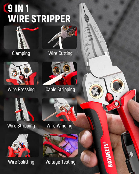 Kick Ass With KAIWEETS 9-In-1 Rechargeable Wire Stripper showing cable stripping, wire cutting, and voltage testing features.