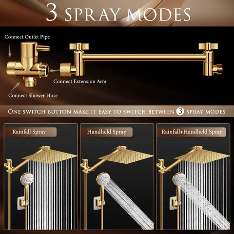 Gold Rain Shower Head And Handheld Combo With 11 Inch Adjustable Extension Arm showing three spray modes
