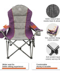Heavy Duty High Back Folding Camp Chair With Cup Holder And Cooler Bag Perfect For Camping Hiking Picnics And Beach Trips Easy Transport Purple Sturdy Steel Frame For All Weather Use With Quick Setup And Carry Strap Bag Included shown with features and fabric details