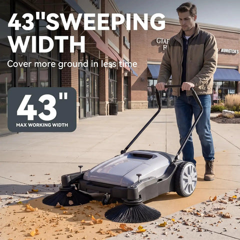 43 Inch Walk Behind Floor Sweeper With 15 Gallon Hopper Heavy Duty Industrial Cleaner For Warehouses. Clears Debris Fast With Side Brushes And Big Capacity Dustpan Save Time On Large Commercial Floors Today
