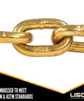 Close-up of Top Shelf Grade 70 Chain 3 8 Inch By 400 Feet Heavy Duty freight link embossed to meet standards.