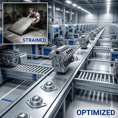 Conveyor system with 20 Pcs Carbon Steel Ball Transfer Units Set Screw Mounted Roller Ball Bearings for smooth movement.