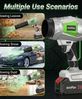 Ridiculously Lightweight Cordless Leaf Blower With 950000 RPM Power featuring 21V 4.0Ah battery shown blasting leaves, snow, and dust
