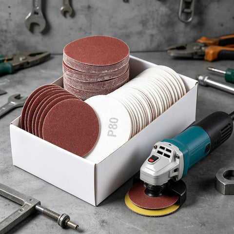 100 Pack 3 Inch 80 Grit Sanding Discs With Hook Loop Backing For Drills And Grinders arranged in a white box with a tool.