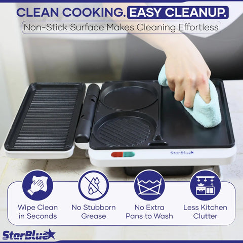 StarBlue 2-in-1 Indoor Electric Grill And Press With Non Stick Griddle Surface For Burgers And Breakfast, easy to clean.