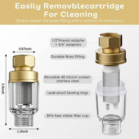 Dimensions and features of 2 Pack Brass Sediment Filter Reusable Washing Machine Water Filter 50 Micron Anti Scale Anti Rust Mud Sand Traps Yellow Mini.