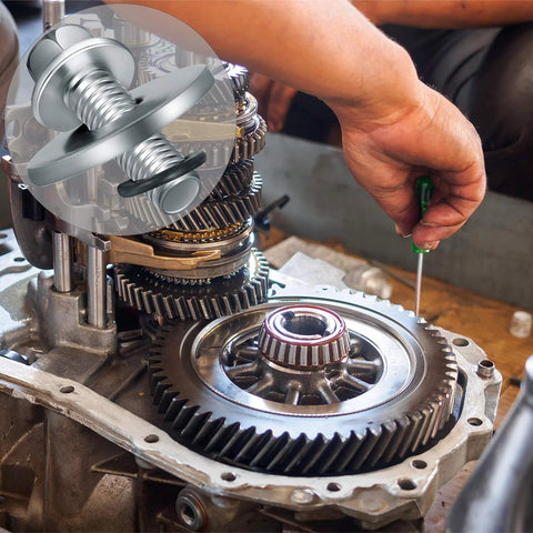 Go-kart clutch bolt kit components on minibike transmission; technician using screwdriver near gears.