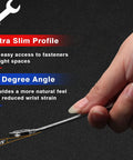 Hand holding Compact 20-Piece Wrench Set with 15° angle for access in tight spaces, shown on black background.