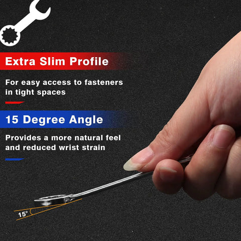 Hand holding Compact 20-Piece Wrench Set with 15° angle for access in tight spaces, shown on black background.