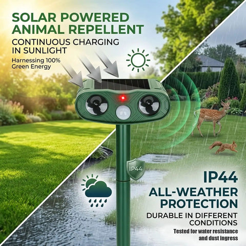 Motion Activated Outdoor Animal Repellent 2 Pack For Deer Raccoons Cats Squirrels With 110 Degree PIR Sensor To Guard Your Garden And Plants From Intruders And Nuisance Wildlife, solar post-mounted