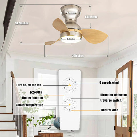 22 Inch Ceiling Fan With Lights And Remote Control, brushed nickel finish, 3 reversible wood grain blades, remote functions shown