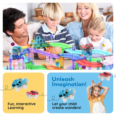 Family playing with 150 Piece Race Car Track Magnetic Tile Building Set For Kids With 4 Cars Build Totally Kid Friendly Bridges