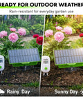 Solar Powered WiFi Drip Irrigation System With Moisture Sensor Smart IoT Garden Watering Controller App Enabled Scheduling Solar Charging Bundle Combo Pack For Easy Plant Care And Low Maintenance rain-resistant, rainy and sunny day garden view