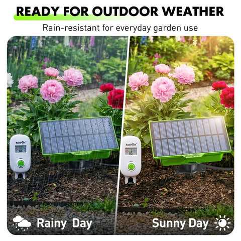 Solar Powered WiFi Drip Irrigation System With Moisture Sensor Smart IoT Garden Watering Controller App Enabled Scheduling Solar Charging Bundle Combo Pack For Easy Plant Care And Low Maintenance rain-resistant, rainy and sunny day garden view